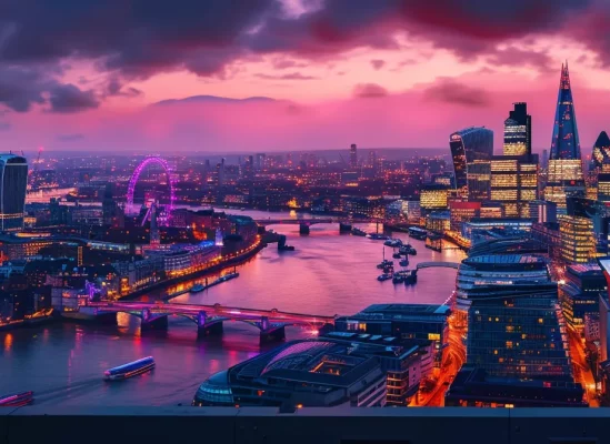 a traveler in the uk using a cutting-edge esim device to effortlessly stream data with vibrant city lights in the background.