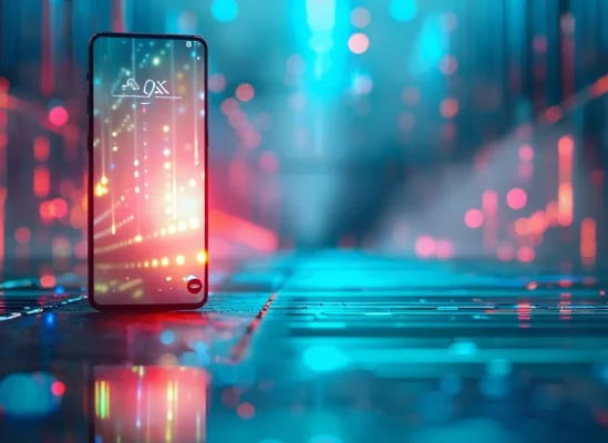 a sleek smartphone with a vibrant digital esim display against a futuristic backdrop.