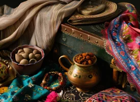 a colorful silk scarf draped over a suitcase filled with traditional persian pottery, spices, and a guidebook to iran.