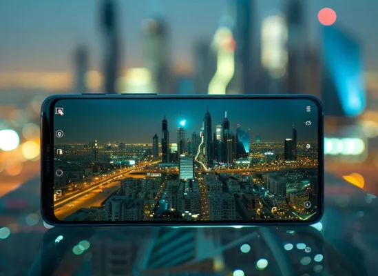 a sleek, modern smartphone displaying esim provider options against a backdrop of riyadh's futuristic skyline in 2024.