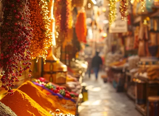 vibrant bazaar filled with colorful spices and textiles in turkey.