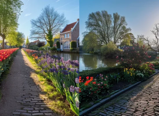 vibrant tulip fields in full bloom in the netherlands during peak season vs empty cobblestone streets in a quaint european village during off-season.